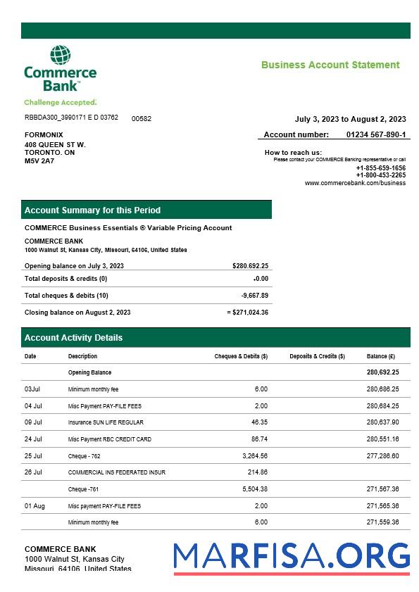 Printable Commerce Bank firm account statement Word and PDF template